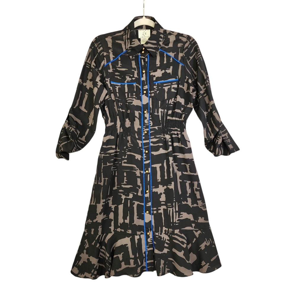 ICE Womens Abstract Print Button Front Smocked Waist Ruffle Hem Dress Size 6
